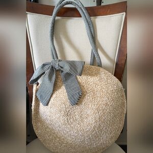 FIFTH & LUXE Round Woven Bag with Black/White Striped Handles